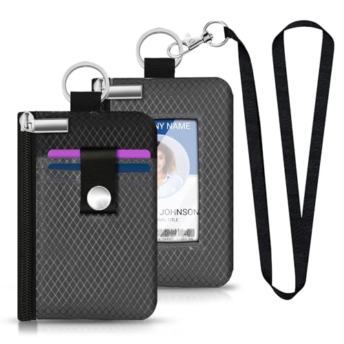 Minimalist RFID Blocking Small Wallet with ID Window,WaterResistant Zip Id Case Wallet with Lanyard Keychain for Cards,Cash,Travel,Women,Men (DarkGrey/Black) - color: DarkGrey/Black