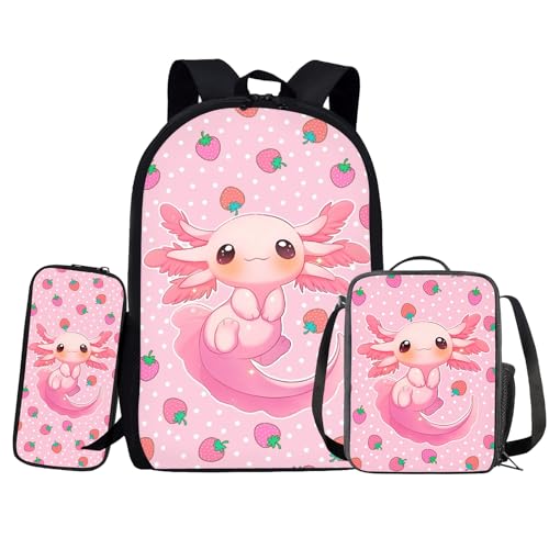 Strawberry Axolotl Backpack for Girls with Lunch Box Set - Age 5-8 Kids 3Pcs Back to School Set for Kindergarten to Elementary, Pink Bookbags - color: Axolotl Strawberry