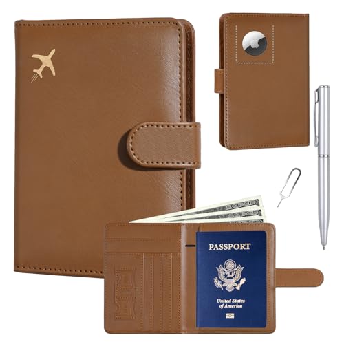 GOAUS Passport Holder for Travel with AirTag Slot, Passport Book Wallet - color: Brown, size: 5.6"x4.4"