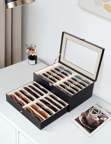 Sunglasses Storage Organizer Case with 24 Adjustable Slots, 2 Layer Multi Eyeglass Glasses Display Box with Lid Women - color: Black,24 Slots