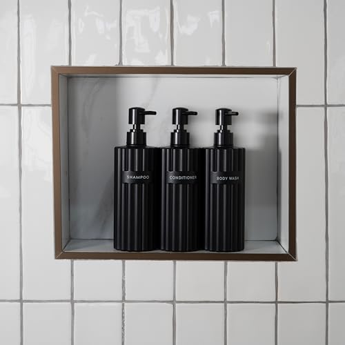 Stylish Shampoo & Conditioner Dispenser Set of 3 - Fluted 19oz Bottles - color: Black