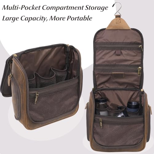 Versatile Genuine Leather Travel Hanging Toiletry Bag, A Dark Brown Hanging Makeup Organizer for Men or Women, Water-resistant Shaving Kit Bag Suitable for Camping and Travel Trips