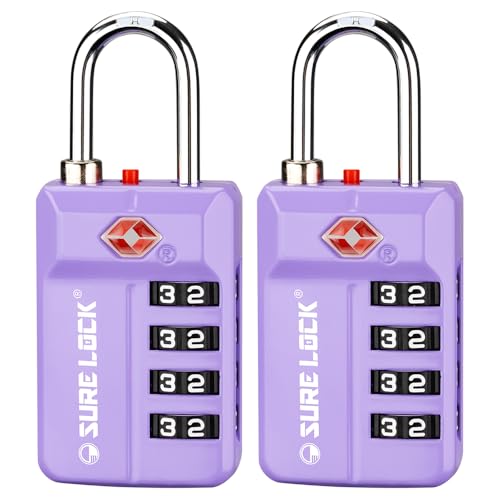 SURE LOCK TSA-Approved 4-Digit Resettable Combination Luggage Lock with Open Alert, Easy-Read Dials - for Luggage, School Lockers, Gym, Office, Toolbox & Security Cases (Purple 2 Pack) - color: PURPLE 2PACK