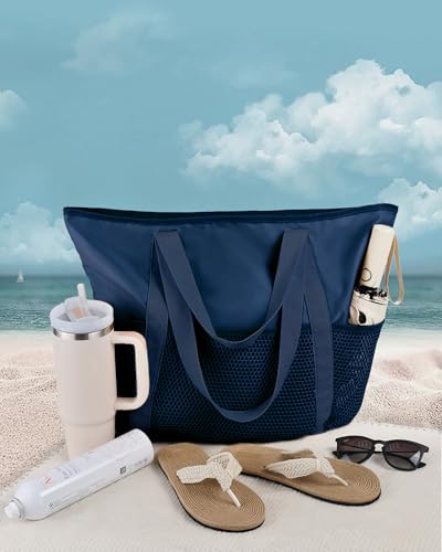 HOMESPON Beach Bag Large Waterproof Sandproof Tote for Women with Zipper and Mesh Pockets - color: Navy, size: Medium