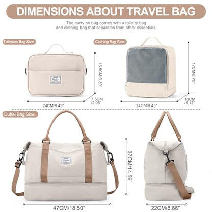 Weekender Bags for Women,Travel Duffle Overnight Bag with Shoe Compartment - color: Beige & Brown-3Pcs, size: Large