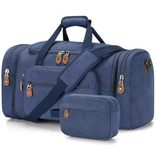 Gonex Canvas Duffle Bag, Expandable 60L Travel Overnight Weekender Bag - color: Blue, size: X-Large-60L (With Toiletry Bag)