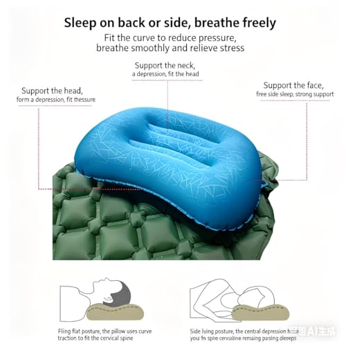 Ultralight Inflatable Camping Pillow, Compressible Compact Travel Pillow, Ergonomic Neck Lumbar Support, Perfect for Camping Hiking Backpacking, Crescent Embossed-Peacock Blue