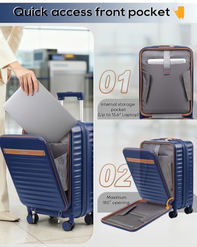 Joyway 20 Inch Carry On Luggage with Front Pocket and Cup Holder, Blue - color: Blue, size: 20 Inch