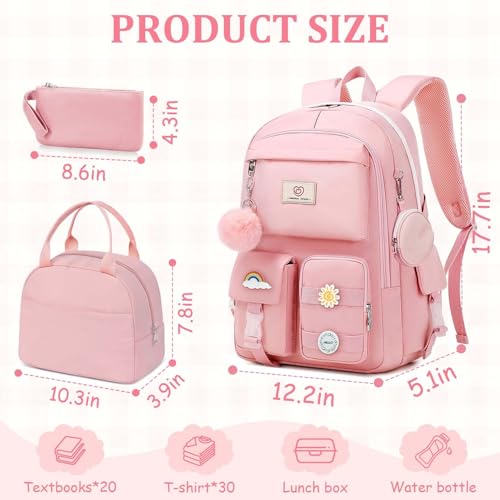 School Backpack For Girls - 6pcs Cute Girls Backpack With Lunch Box Set For Teens Women College Middle High School - 18″ School Bookbag Travel Back Pack - color: Pink-backpack Set