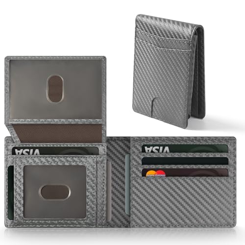 GNDR Wallet For Men RFID Blocking Leather Grey Wallets Bifold Carbon Fiber Front Pocket Card Holder Mens Accessories With Gift Box - color: Grey Carbon Fiber-09