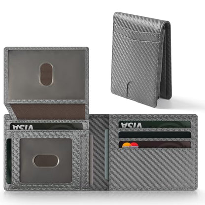 GNDR Wallet For Men RFID Blocking Leather Grey Wallets Bifold Carbon Fiber Front Pocket Card Holder Mens Accessories With Gift Box - color: Grey Carbon Fiber-09