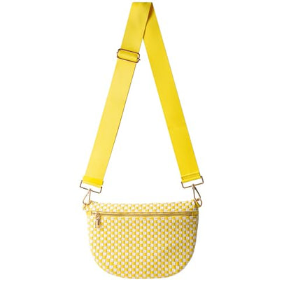 Woven Crossbody Bag for Women, Checkered PU Bum Bag Sling Purse with Adjustable Strap for Travel, Festivals - color: Lemon Yellow & White Checkered Woven