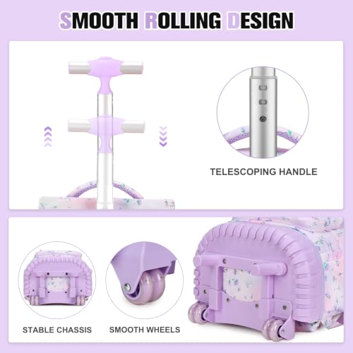 ACESAK Rolling Backpack for Girls with Lunch Bag & Pencil Pouch - color: Purple Floral