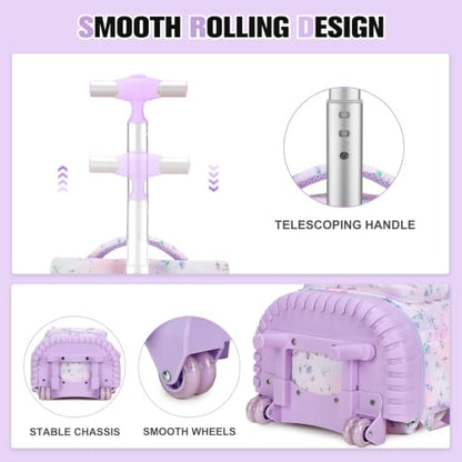ACESAK Rolling Backpack for Girls with Lunch Bag & Pencil Pouch - color: Purple Floral