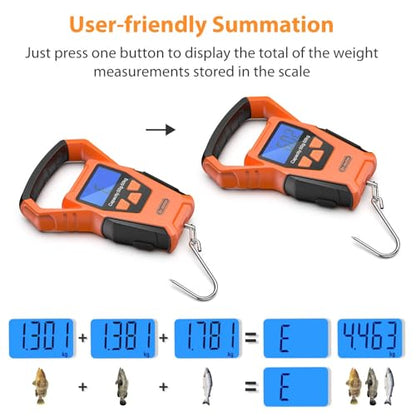 Dr.meter Fish Scale Waterproof: Luggage Weight Scale with Bigger Handle and Hook Upgraded IPX7 110lb/50kg Backlit LCD Display Digital Hanging, Built-in Tape, Battery Included, Fishing Gifts for Men