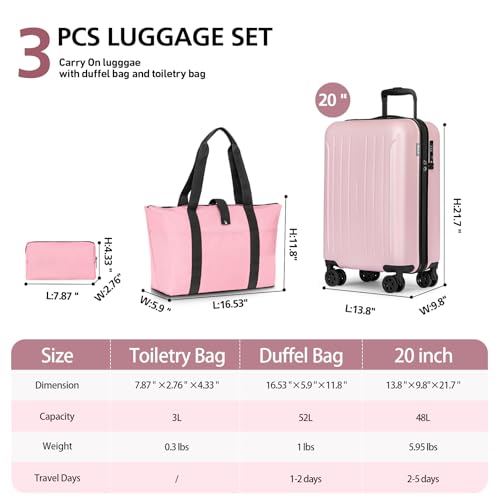 KYME Carry On Luggage Sets 3 Piece 20 Inch Suitcase Set with Duffel Bag - color: Pink, size: 3Pcs Set(DB/TB/20)