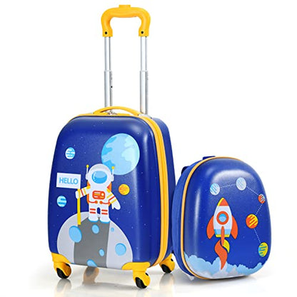 GYMAX Kids Carry On Luggage Set, 12" & 16" 2PCS Rolling Suitcase - color: Rocket & Astronaut