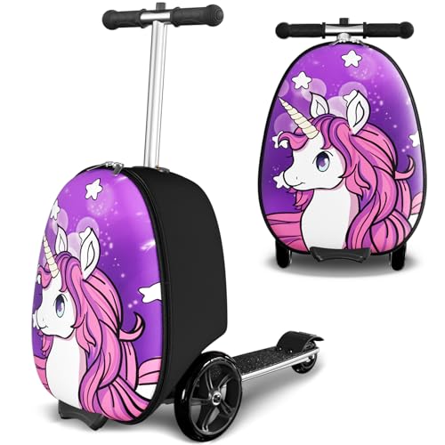 Baotree 2-in-1 Ride-On Scooter Suitcase, Scooter Luggage for Kids Ages 5-12, Foldable & Lightweight Carry with LED Light-Up Wheels - color: Purple-1