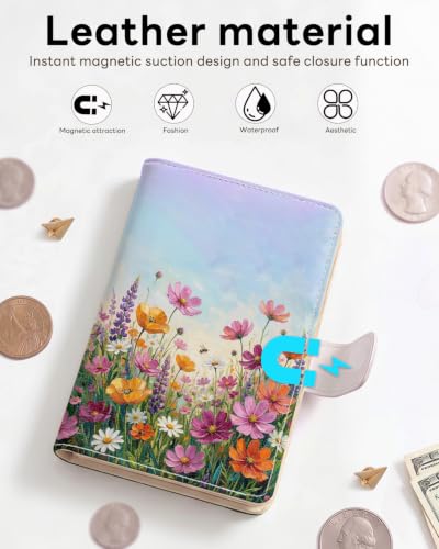 RFID Passport Holder with Tracker Slot, Leather Travel Wallet - color: Wildflowers