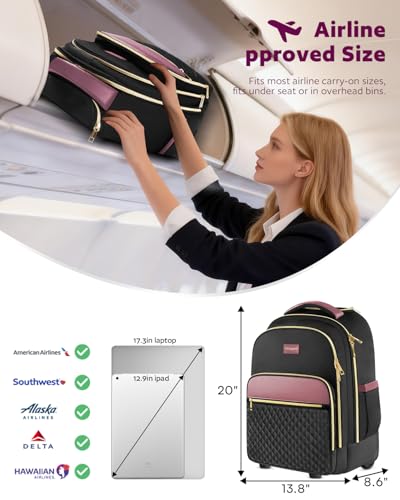 Arcoyard Rolling Backpack for Women, 17.3 Inch Travel Backpack with Wheels - color: Black Purple, size: 17.3-inch