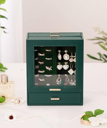 Homde Display Jewelry Box for Girls: Starter Organizer with Clear Window - color: Forest Green + Gold