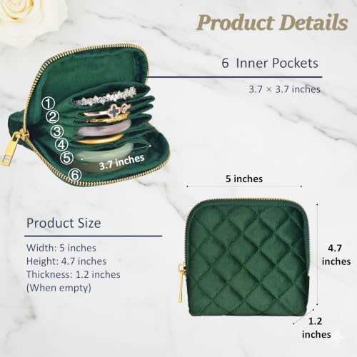 Jewelry Organizer Case, Small Travel Velvet Pouch, Portable - color: Emerald Green Quilted