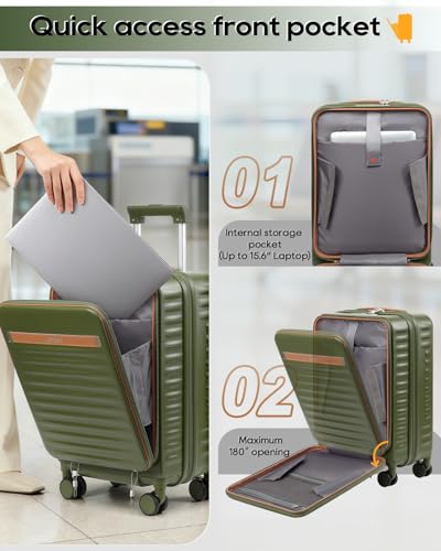 Joyway 20 Inch Carry On Luggage with Front Pocket and Cup Holder, Green - color: Green, size: 20 Inch