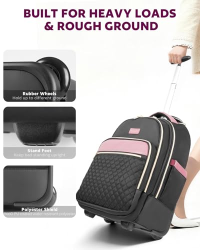 Arcoyard Rolling Backpack for Women, 17.3 Inch Travel Backpack with Wheels - color: Black Purple, size: 17.3-inch