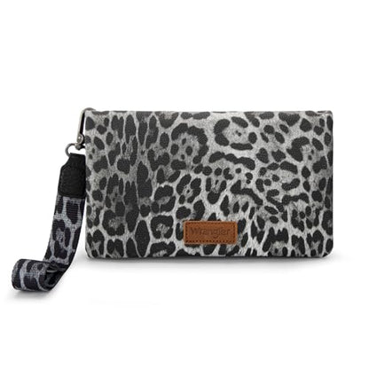 Wrangler Leopard Print Womens Wristlet Wallet RFID Blocking Bifold Clutch Credit Card Holder Purse with Crossbody Strap - color: B-leopard Black