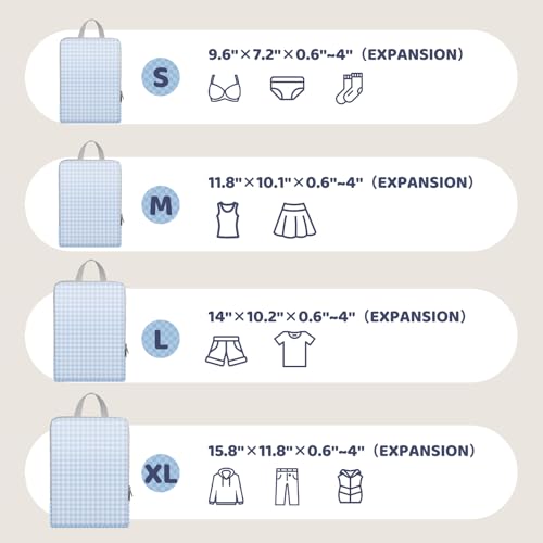 4/8 Set Compression Packing Cubes for Travel Essentials, Compressible Expandable Luggage Organizer Bags for Clothes, Durable Space Saver Storage Bags for Suitcase(4set-Blue Gingham)