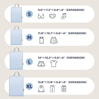 4/8 Set Compression Packing Cubes for Travel Essentials, Compressible Expandable Luggage Organizer Bags for Clothes, Durable Space Saver Storage Bags for Suitcase(4set-Blue Gingham)