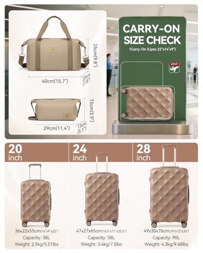 Somago Luggage Sets 5 Piece Hardside 20"/24"/28" with Duffle Toiletry Pouch - color: Khaki, size: 5 Piece Set