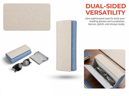 Double Sided Glasses Case Hard Shell,Sunglasses Case & Eyeglass Case with Cleaning Cloth & Storage Pouch - color: Haze Blue-cream White