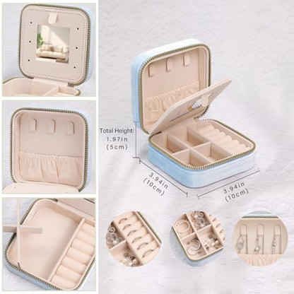 Plush Velvet Travel Jewelry Case Organizer Portable Storage Box - color: Light Blue