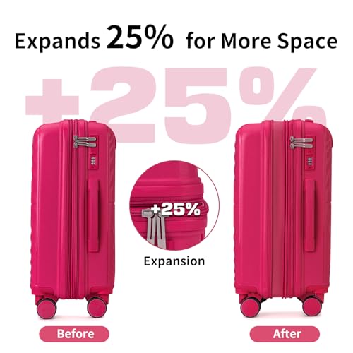 LARVENDER Expandable Carry On 3 Piece Luggage Set with Backpack 20 Inch | Rose Red,PP Hardshell Checked Luggage, Suitcase Set for Women, Spinner Wheels, Lightweight,22x14x9 Airline Approved - color: Rose Red, style: 3 Piece Sets