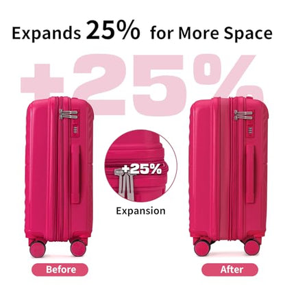 LARVENDER Expandable Carry On 3 Piece Luggage Set with Backpack 20 Inch - color: Rose Red, style: 3 Piece Sets