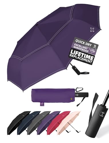 Windproof Travel Umbrella, Compact auto open/close Umbrellas for Rain - color: Purple