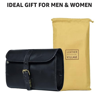 LEATHER VILLAGE Hanging Leather Toiletry Bag for Men, Dopp Kit, Black - color: Black