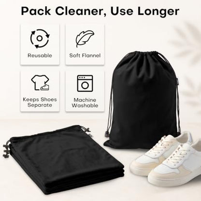 4 Pack Flannel Cloth Shoe Bags for Travel & Packing for Women & Men - color: Black