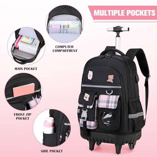 ACESAK 3PCS Rolling Backpack for Girls Children, Girls Backpack with Wheels - color: Black