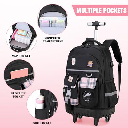 ACESAK 3PCS Rolling Backpack for Girls Children, Girls Backpack with Wheels - color: Black