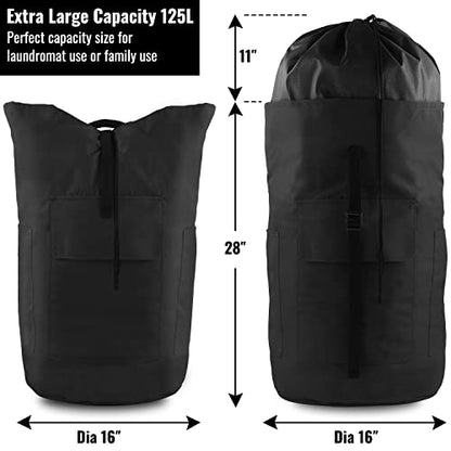 Laundry Bag Backpack 125L Extra Large, Heavy Duty 900D Coated Oxford Fabric, 3 Pockets Durable Travel Laundry Bags with Soft Padded Shoulder Straps for College Dorm, Apartment, Laundromat (Black) - color: Black