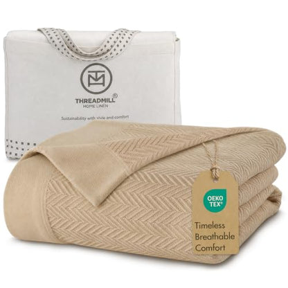 Threadmill Luxury 100% Cotton King Herringbone Blanket, Beige - color: Beige, size: King (106" x 92")