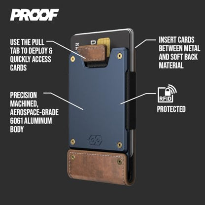 PROOF Slim Minimalist Wallets for Men | Leather & Metal | RFID Wallet - color: Leatherneck (Classic Brown Top Grain Leather | Navy Blue Gunmetal)