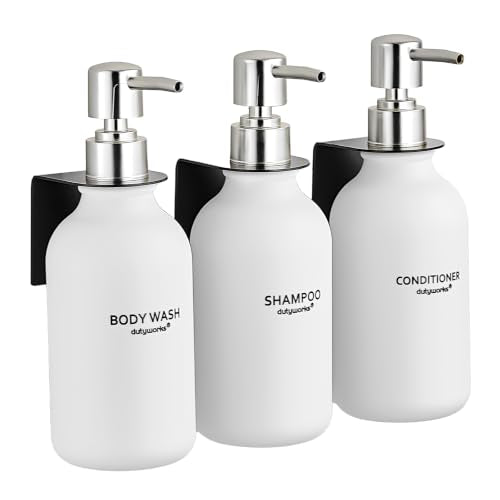 Shampoo and Conditioner Dispenser Set of 3, Wall Mounted - color: Matte White Bottle + Silver Pump