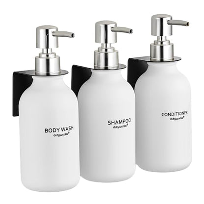 Shampoo and Conditioner Dispenser Set of 3, Wall Mounted - color: Matte White Bottle + Silver Pump