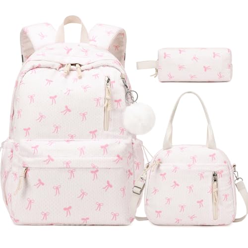 3PCS Corduroy Girls Backpack w/ Lunch Box & Pencil Bag (Beige Bow Tie) - color: Beige Bow Tie
