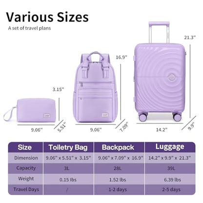 LARVENDER Expandable Carry On 3 Piece Luggage Set with Backpack 20 Inch - color: Lavender, style: 3 Piece Sets