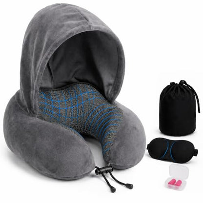 Travel Neck pillow for Airplane, with Large Hood Eye Mask Earplug and Bag - color: Grey