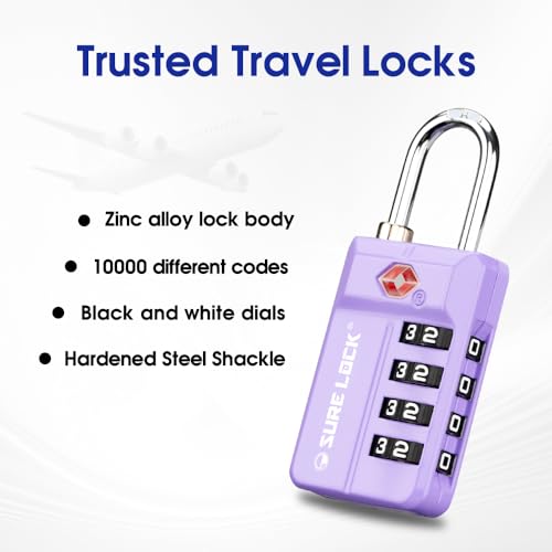SURE LOCK TSA-Approved 4-Digit Resettable Combination Luggage Lock with Open Alert, Easy-Read Dials - for Luggage, School Lockers, Gym, Office, Toolbox & Security Cases (Purple 2 Pack) - color: PURPLE 2PACK